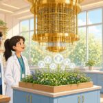Bright comic illustration of two cheerful scientists in a sunny lab admiring a golden quantum computer while glowing orbs grow from a small planter like flowers