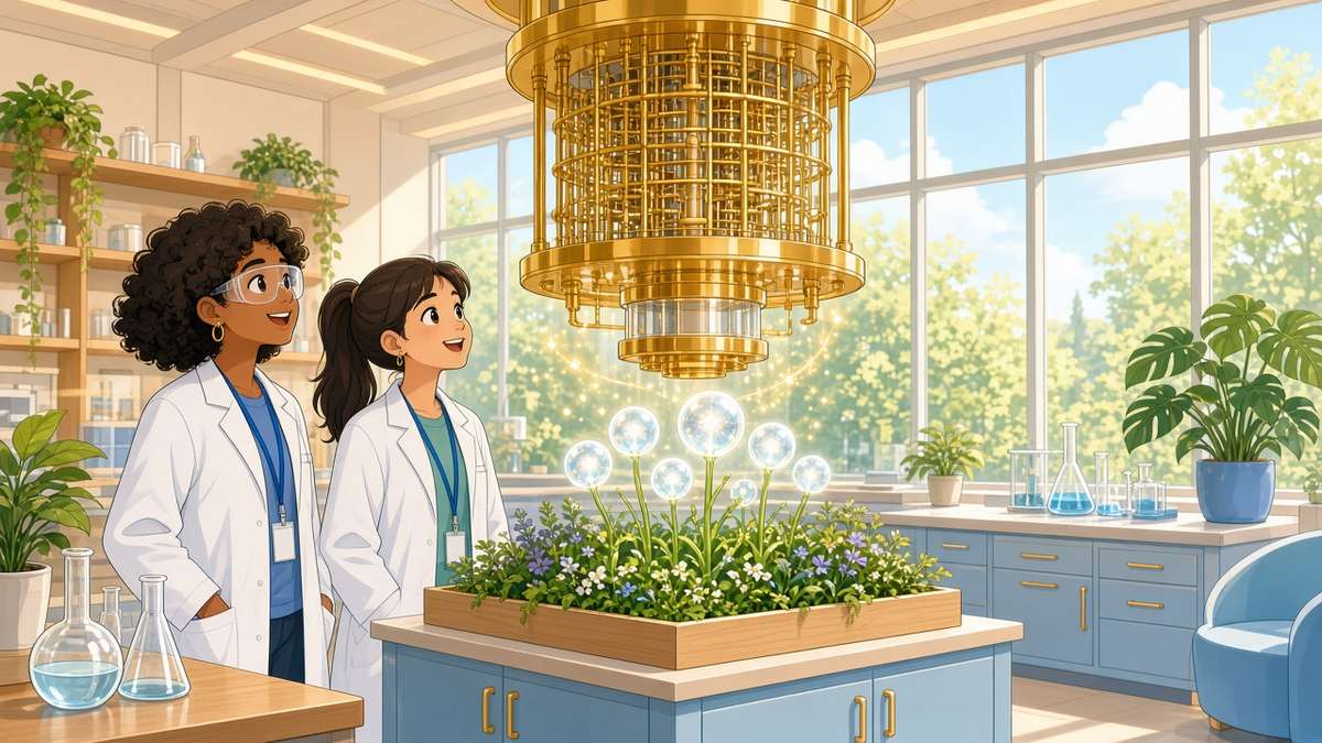 Bright comic illustration of two cheerful scientists in a sunny lab admiring a golden quantum computer while glowing orbs grow from a small planter like flowers