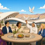 Houthi Strike on Riyadh Airport Kills 12 and Injures 309, Drawing Worldwide Condemnation Bright comic illustration of diplomats at a round table outside a sunny desert airport terminal, one releasing a white dove