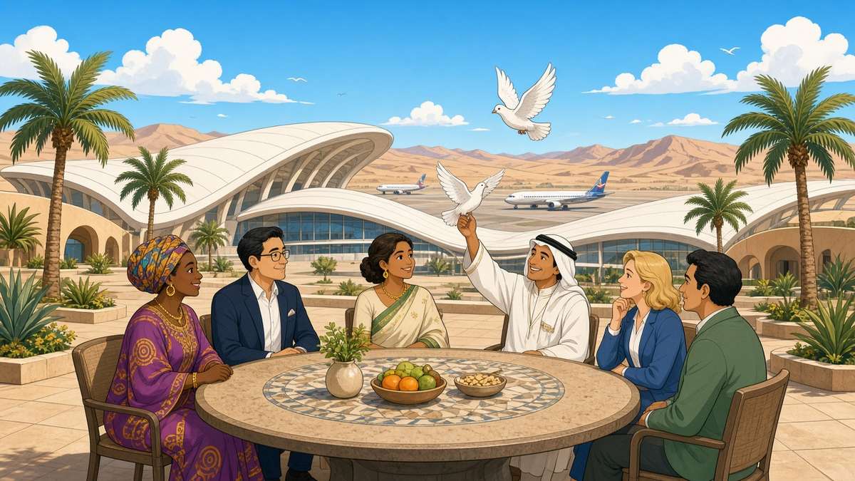 Bright comic illustration of diplomats at a round table outside a sunny desert airport terminal, one releasing a white dove