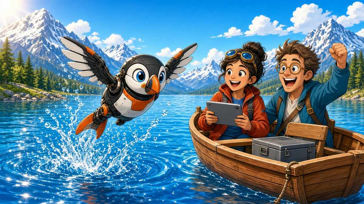 Bright comic illustration of a cute robotic puffin drone leaping out of a sparkling mountain lake while two cheerful scientists in a wooden boat cheer