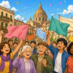 Bright comic illustration of a cheerful crowd of young and older people celebrating in a sunny European city square, waving blank colorful flags under falling confetti