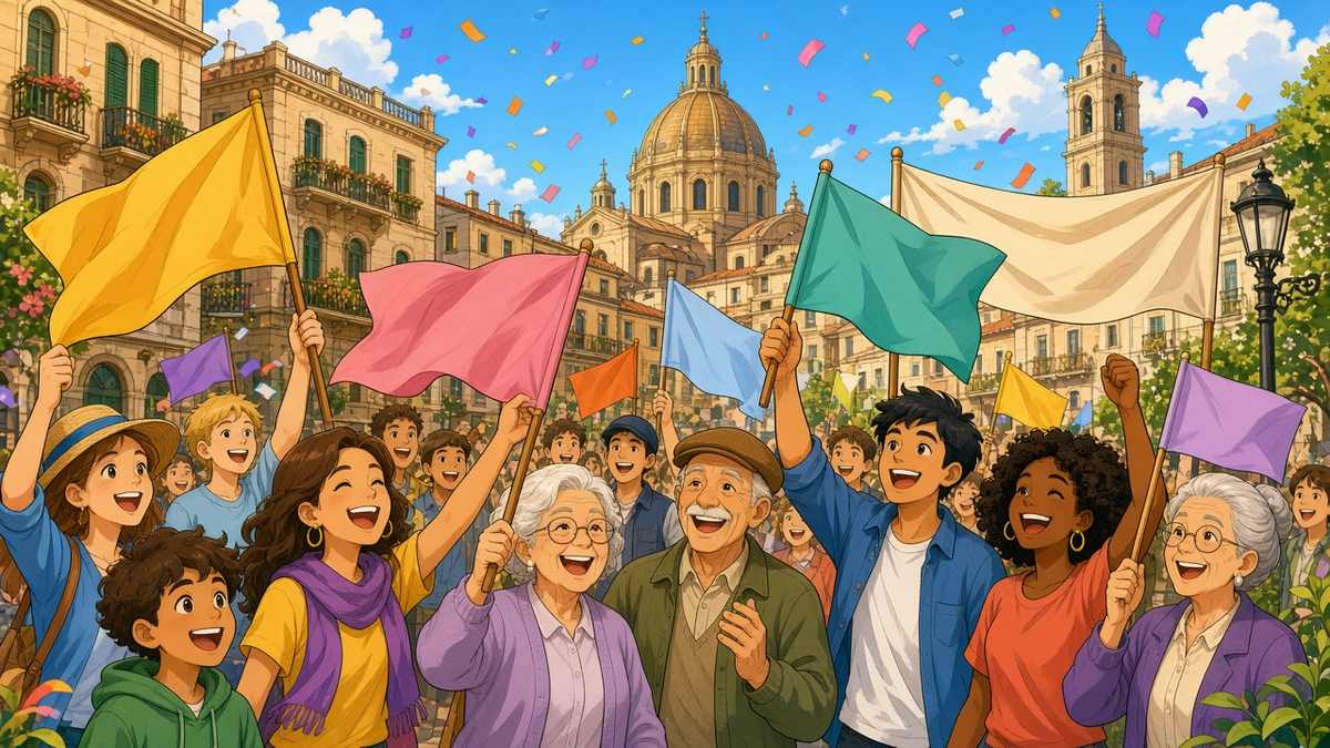 Bright comic illustration of a cheerful crowd of young and older people celebrating in a sunny European city square, waving blank colorful flags under falling confetti