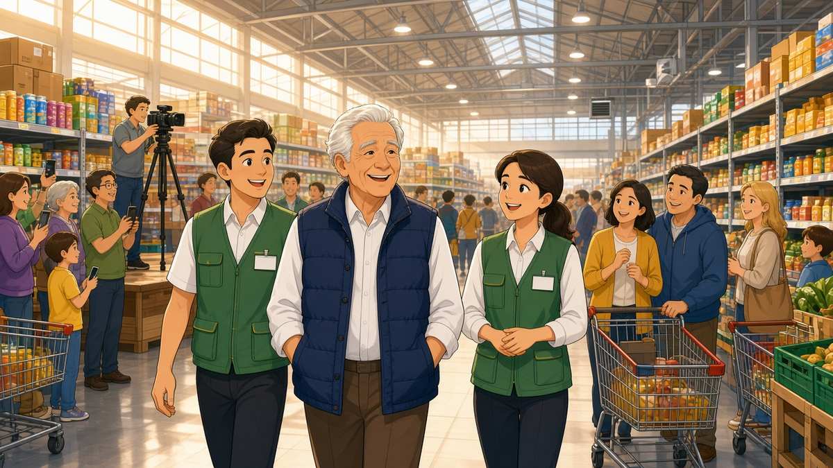 Comic illustration of a smiling silver-haired gentleman in a vest touring a busy hypermarket surrounded by staff and cameras