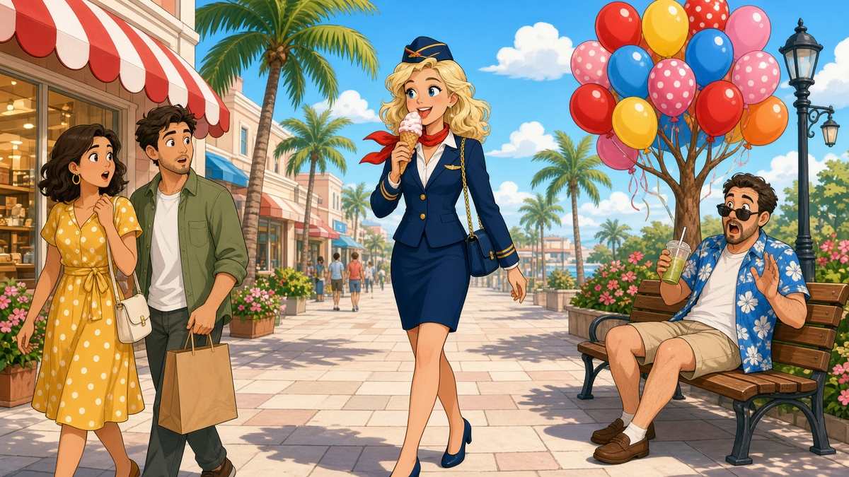 Comic illustration of a cheerful stewardess eating an ice cream cone while walking past surprised shoppers in a sunny mall