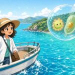 Bright comic illustration of a smiling scientist on a boat holding a seawater jar beside a magnified bubble with a tiny microbe and a plankton cell