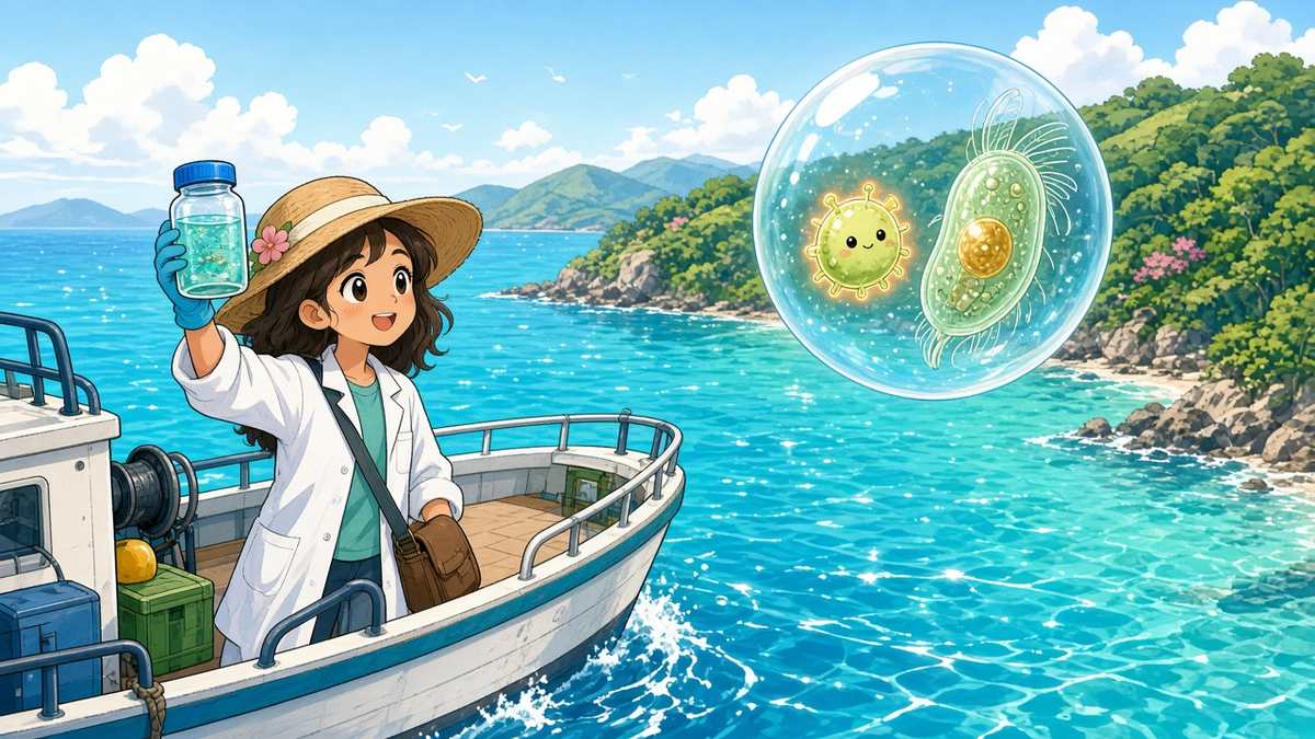 Bright comic illustration of a smiling scientist on a boat holding a seawater jar beside a magnified bubble with a tiny microbe and a plankton cell