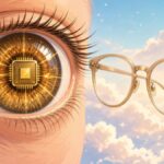 Bright comic illustration of a friendly eye with a tiny glowing microchip next to camera glasses under a sunny pastel sky