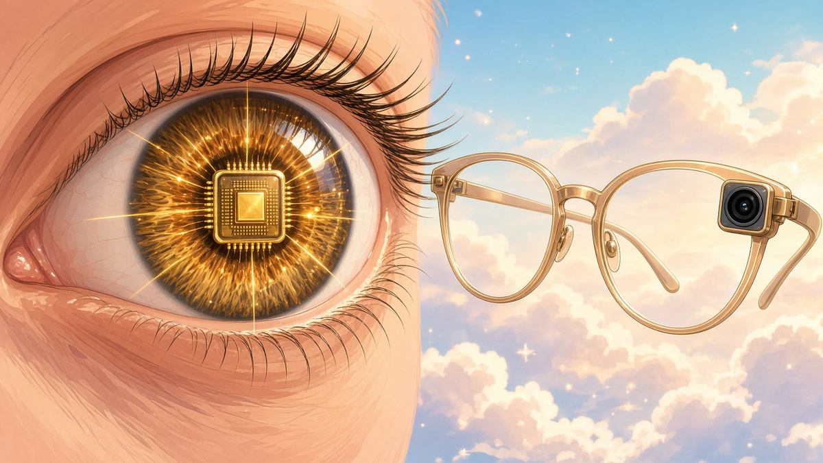 Bright comic illustration of a friendly eye with a tiny glowing microchip next to camera glasses under a sunny pastel sky