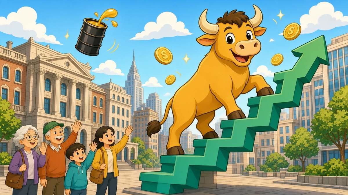 Bright comic illustration of a cheerful cartoon bull climbing green arrow stairs while people wave in a sunny financial district